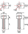 Diagram showing dimensions of Titanium M6x25mm Torx Square Head Bolt Pack Of 5 In Black 6AL4V Grade 5 Titanium For Bikes.