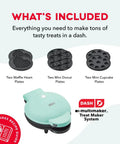 Treat Maker System For Mini Donuts, Cupcakes, And Heart Shaped Waffles with three interchangeable plates in aqua color