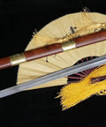 Flexible Tai Chi Sword Hand Forged Damascus Folded Steel Chinese Jian For Martial Arts Training With Luxury Sandalwood Scabbard 39 Inch Unsharpened Blade Handcrafted Broadsword Style Battle Ready Training displayed with tassels and fan