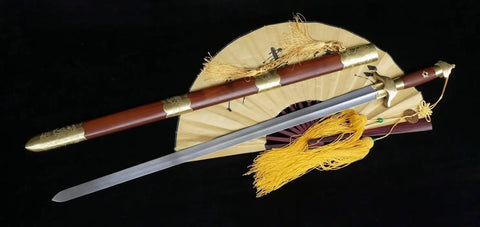 Flexible Tai Chi Sword Hand Forged Damascus Folded Steel Chinese Jian For Martial Arts Training With Luxury Sandalwood Scabbard 39 Inch Unsharpened Blade Handcrafted Broadsword Style Battle Ready Training displayed with tassels and fan