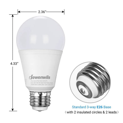 Close-up of Three Way LED A19 Light Bulbs With 40 60 100W Equivalents, E26 Base, 2700K Warm White, showing dimensions and base details.