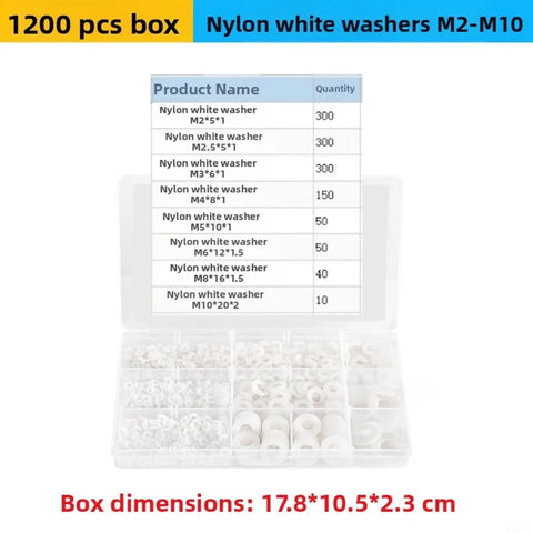 Must Have Plastic Washers Set With 1200 Pcs Nylon Insulating Spacers M2 To M10 White Gasket Kit For Electrical Wiring Repairs And DIY Projects Perfect For Home DIYers Hobbyists And Pro Electricians To Prevent Shorts in clear organizer box