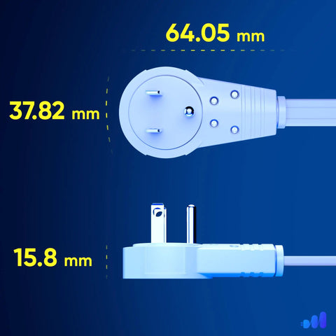 6 Ft 360 Degree Rotating Flat Plug Extension Cord With 3 Outlets 16 AWG Grounded Wire White Heavy Duty Power Extension Cable UL Certified 2 Pack - plug dimensions 64.05 mm, 37.82 mm, 15.8 mm