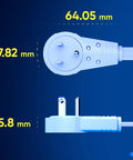 360 Degree Rotating Flat Plug Extension Cord With Three Outlets, 16 AWG One Foot Length, Grounded 3 Prong Wire, White, UL Certified