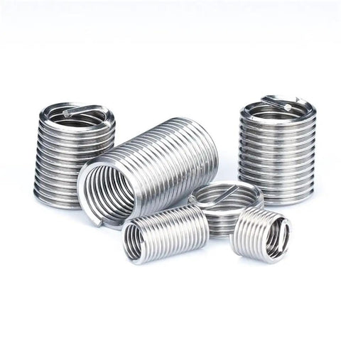 Pro Grade Thread Repair Insert Kit 10 Piece Stainless Steel Thread Inserts From M2 To M6 With Handy Tools For Quick Durable Thread Restoration In Metal And Plastic, showing stainless steel coils in different sizes.