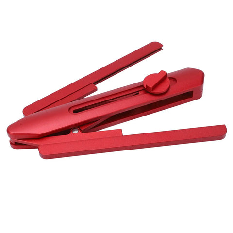 Slick Foldable Miter Saw Angle Duplicator And 180 Degree Protractor Heavy Duty Aluminum Alloy Woodworking Gauge in red, folded for easy storage