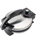 Duokon Electric Tortilla Press 10 Inch Non Stick With Adjustable Temp Stainless Steel Cover, angled view showing the handle and temperature dial.