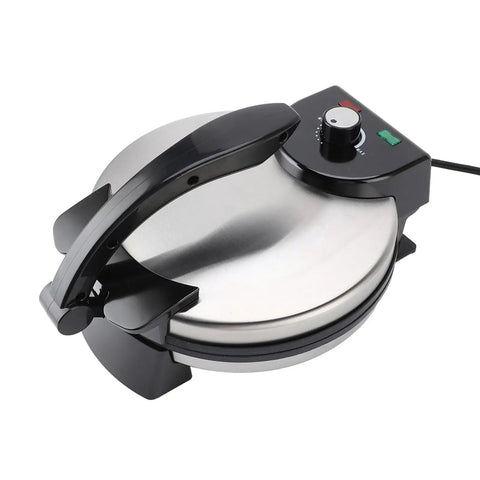 Duokon Electric Tortilla Press 10 Inch Non Stick With Adjustable Temp Stainless Steel Cover, angled view showing the handle and temperature dial.