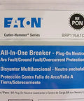 Label of 15 Amp Single Pole All In One Breaker Module for Residential Electrical Panels by Eaton, UL Listed.