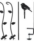 Rock Solid Heavy Duty Steel Bird Feeder Pole, 42 Inch Deck Stand With Multiple Hooks, Adjustable Detachable Mount In Black components including hooks and clamps.