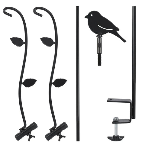 Rock Solid Heavy Duty Steel Bird Feeder Pole, 42 Inch Deck Stand With Multiple Hooks, Adjustable Detachable Mount In Black components including hooks and clamps.