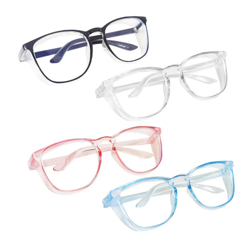 4 Pack Safety Glasses Anti Fog Clear Goggles With Side Shields For Men Women Nurses And Adults shown in four colors.