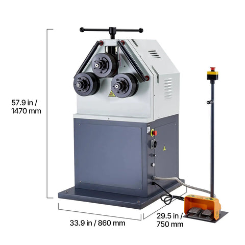 Heavy Duty Electric Roll Bender Machine Featuring Smooth Three Roller Gearing And Quick Flip Foot Switch, dimensions are 57.9 in height.
