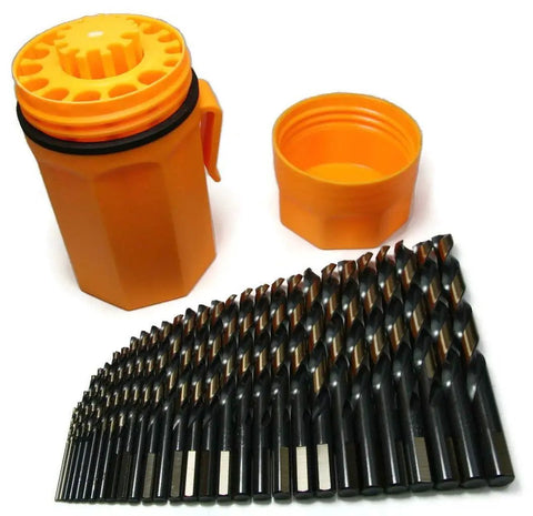 Heavy Duty 29 Piece Jobber Length Drill Bit Set With Three Flats Shank In Orange Case Ultradex Premium Molybdenum Steel Gold And Black Oxide Finish 135 Degree Split Point Round Shank For Smooth Drilling And Long Life