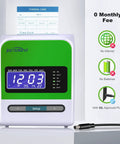 No Sweat Real Deal Employee Thermal Time Clock For Small Business Automatic Punch Terminal displayed with time card and setup buttons.