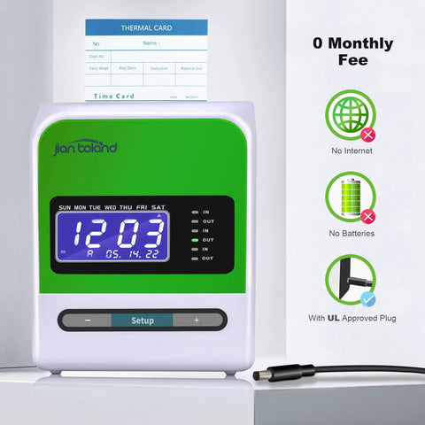 No Sweat Real Deal Employee Thermal Time Clock For Small Business Automatic Punch Terminal displayed with time card and setup buttons.