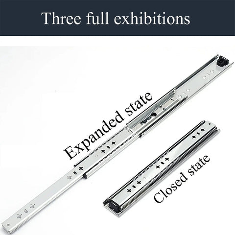 Top Shelf Heavy Duty Drawer Slides Silent Self Closing Cabinet Tracks with expanded and closed states for easy installation.