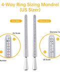 4-way ring sizing mandrel with US scale, EU scale, diameter scale, and number measurement for ring sizer mandrel measuring tool kit.