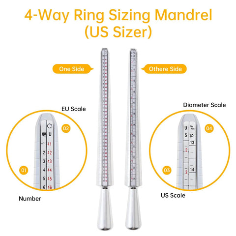 4-way ring sizing mandrel with US scale, EU scale, diameter scale, and number measurement for ring sizer mandrel measuring tool kit.