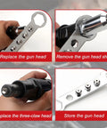 Pro Grade Rivet Gun Adapter Kit For Cordless Drills With Alloy Steel Head And Comfortable Grip showing interchangeable rivet heads