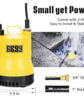 One Sixth Horsepower Portable Submersible Utility Pump with hose adapters for home flood cleanup, 8.3 in height, yellow color