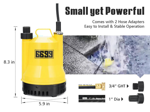 One Sixth Horsepower Portable Submersible Utility Pump with hose adapters for home flood cleanup, 8.3 in height, yellow color