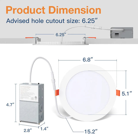 Dimensions of 18 Pack Six Inch Ultra Slim LED Recessed Ceiling Light With Junction Box No Fuss Install 5 CCT Selectable Dimmable
