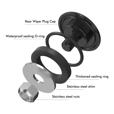 Exploded view of Nissan Rear Wiper Delete Plug Kit Next Level Upgrade For 350Z 370Z 200SX Xterra March Aluminum CNC Machined 6061T6.