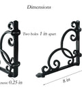 Four Piece Straight Up Heavy Duty Cast Iron Wall Mount Shelf Brackets In Genuine Antique Black with dimensions of 8x7.6 inches.
