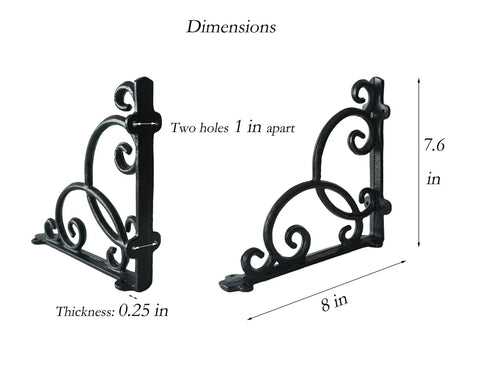 Four Piece Straight Up Heavy Duty Cast Iron Wall Mount Shelf Brackets In Genuine Antique Black with dimensions of 8x7.6 inches.