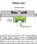 Dimensions of X Y Milling Slide Table For Bench Drills, Compact Adjustable Cross Table With Dovetail Slots, 330x95mm, aluminum alloy.