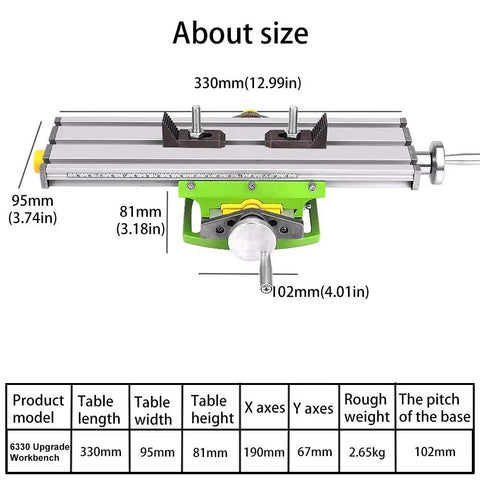 Dimensions of X Y Milling Slide Table For Bench Drills, Compact Adjustable Cross Table With Dovetail Slots, 330x95mm, aluminum alloy.