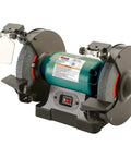Real Deal 8 Inch Bench Grinder With Half Horsepower Ball Bearing Motor And Rock Solid Cast Iron Base Featuring Bright LED Shop Lights and Heavy Duty Safety Guard side view showing grit wheels and safety shields.