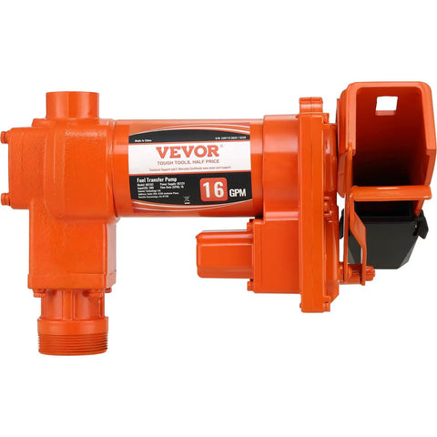 Heavy Duty 12V DC Fuel Transfer Pump 16 GPM Gasoline Extractor Kit For Tractors in bright orange cast iron housing.