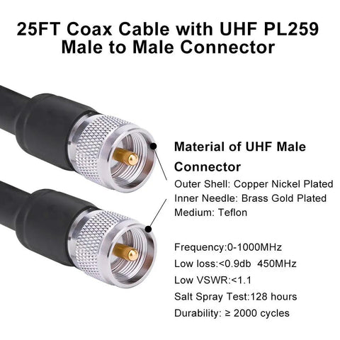 PL259 25Ft RG8 UHF Male To Male Coax Cable connectors with copper-nickel plating and brass gold-plated inner needle