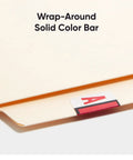 Close-up of Bar Style Color Coded Alphabetic Label A Red Roll With 500 Labels Per Roll In Dispensing Box For Super Easy Peel And Apply Wraparound Solid Color Bar With White Background Compatible With Tab Products 1283 Series on folder.