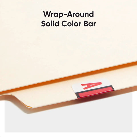 Close-up of Bar Style Color Coded Alphabetic Label A Red Roll With 500 Labels Per Roll In Dispensing Box For Super Easy Peel And Apply Wraparound Solid Color Bar With White Background Compatible With Tab Products 1283 Series on folder.