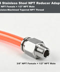 Two Pack 3/8 NPT Female To 1/2 NPT Male Hex Pipe Fitting Reducer Adapter Tough As Nails 304 Stainless Steel Build with orange hose