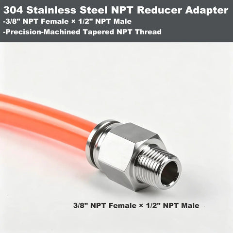 Two Pack 3/8 NPT Female To 1/2 NPT Male Hex Pipe Fitting Reducer Adapter Tough As Nails 304 Stainless Steel Build with orange hose