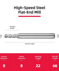 High-speed steel flat-end mill, 8 mm cutting diameter, 8 mm shank diameter, 22 mm working length, 66 mm overall length