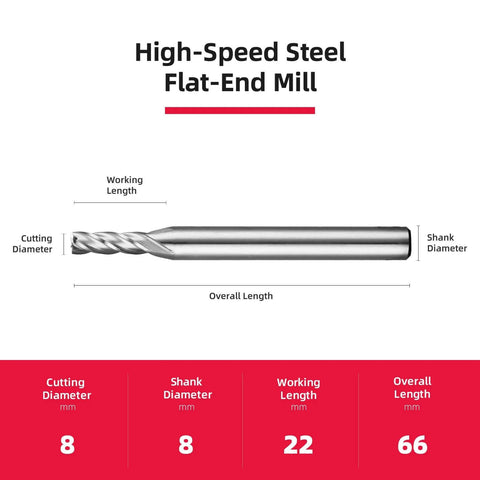 High-speed steel flat-end mill, 8 mm cutting diameter, 8 mm shank diameter, 22 mm working length, 66 mm overall length