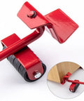 Heavy Duty Furniture Lifter And Mover Tool Set With Wheels And Sliders shown lifting a wooden panel. Steel lever, ABS rollers visible.