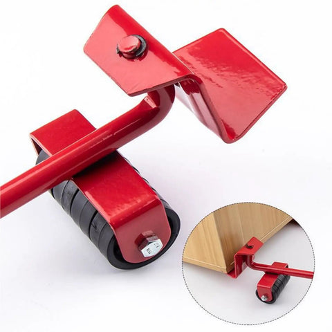 Heavy Duty Furniture Lifter And Mover Tool Set With Wheels And Sliders shown lifting a wooden panel. Steel lever, ABS rollers visible.