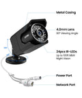 Close-up of 4 Pack 4K 8MP PoE Security Cameras Wired Bullet IP66 Waterproof with metal casing, 4.0mm lens, and night vision features.