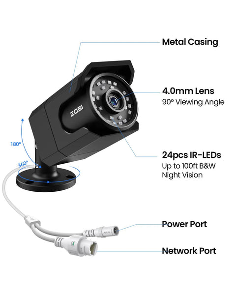 Close-up of 4 Pack 4K 8MP PoE Security Cameras Wired Bullet IP66 Waterproof with metal casing, 4.0mm lens, and night vision features.