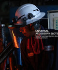 Type 2 Non Vented Full Brim Hard Hat With Rechargeable 300 Lumen Headlamp, Class E ANSI Z89.1 2014 R2019, shown worn during use