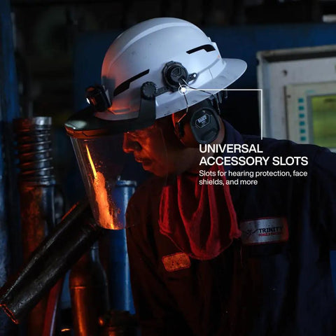 Type 2 Non Vented Full Brim Hard Hat With Rechargeable 300 Lumen Headlamp, Class E ANSI Z89.1 2014 R2019, shown worn during use
