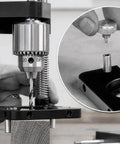 No Sweat Adjustable Woodworking Drill Guide With Precision Drilling Template showing drill chuck on jig for accurate hole placement.