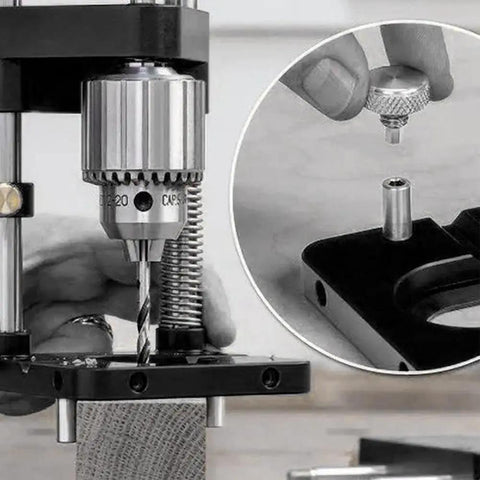 No Sweat Adjustable Woodworking Drill Guide With Precision Drilling Template showing drill chuck on jig for accurate hole placement.