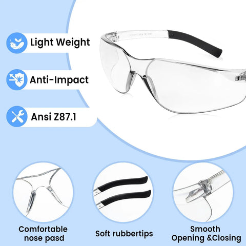 Clear Safety Glasses ANSI Z87.1 Certified For Men And Women, 30 Pack Durable Lab Eyewear with polycarbonate frames and features.